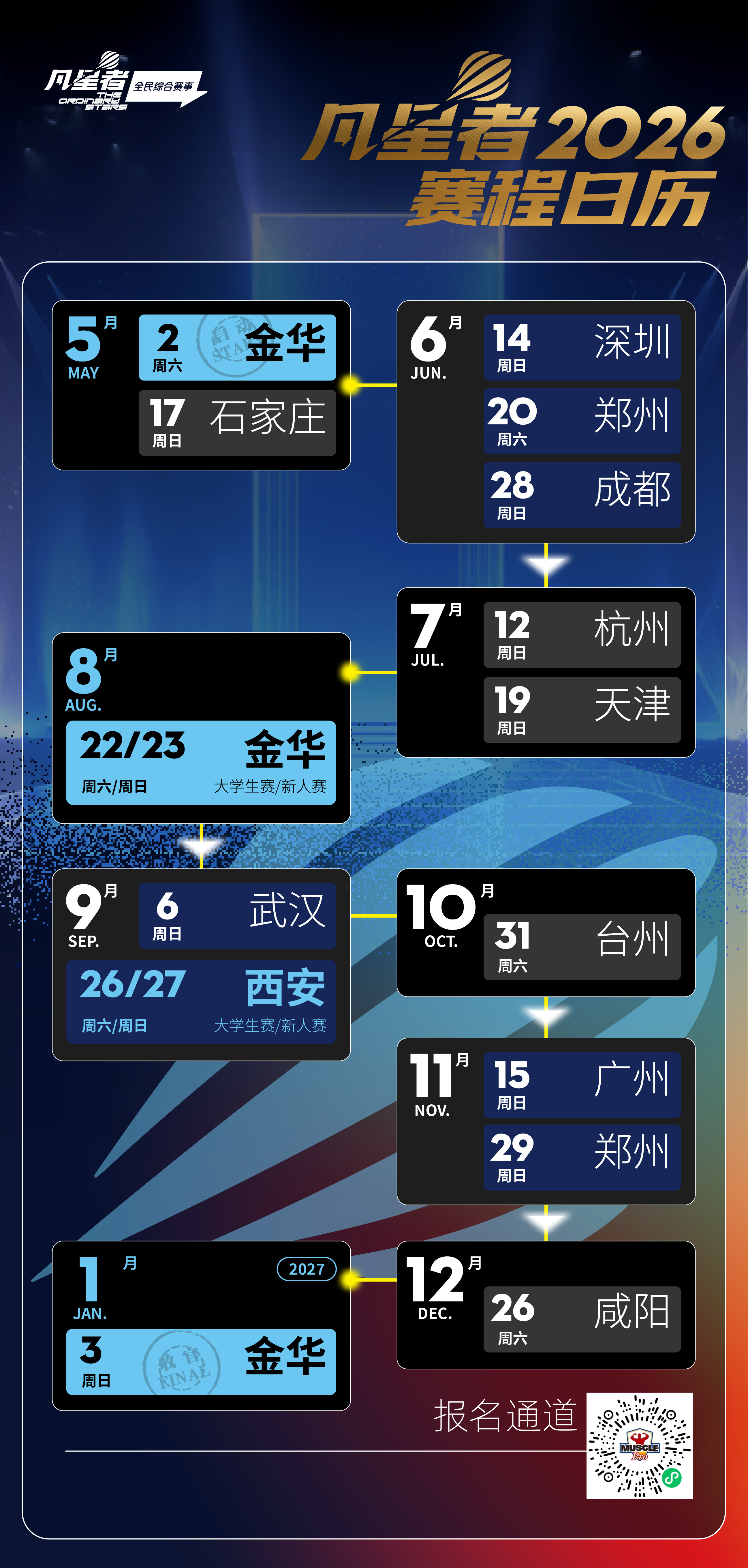 赛程发布|12城17赛,学生首项免费!凡星者健美新秀赛/大学生赛2026赛程日历发布,多种组别多种鼓励奖项,助力新人站上舞台!插图1 赛程发布|12城17赛,学生首项免费!凡星者健美新秀赛/大学生赛2026赛程日历发布,多种组别多种鼓励奖项,助力新人站上舞台!插图1