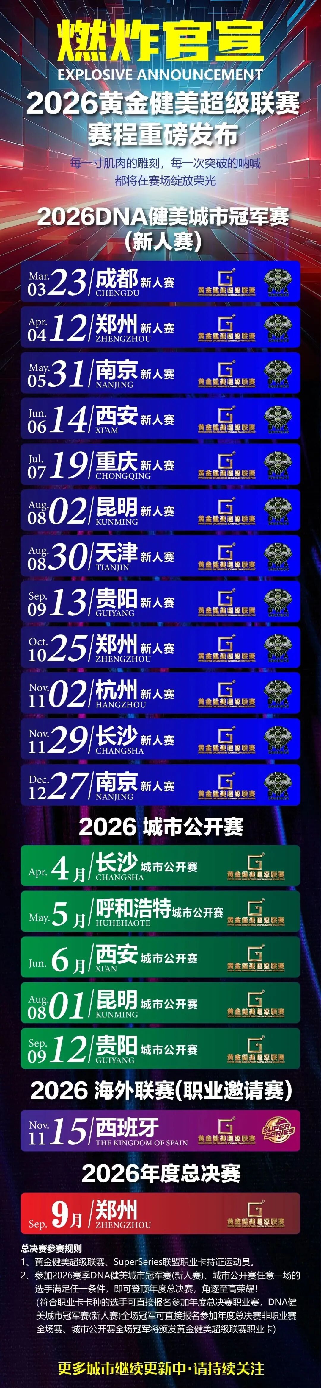 赛程发布|2026黄金健美超级联赛赛程重磅发布,新人赛/城市公开赛/海外联赛/年度总决赛四大赛道19场赛事燃炸官宣!插图1 赛程发布|2026黄金健美超级联赛赛程重磅发布,新人赛/城市公开赛/海外联赛/年度总决赛四大赛道19场赛事燃炸官宣!插图1